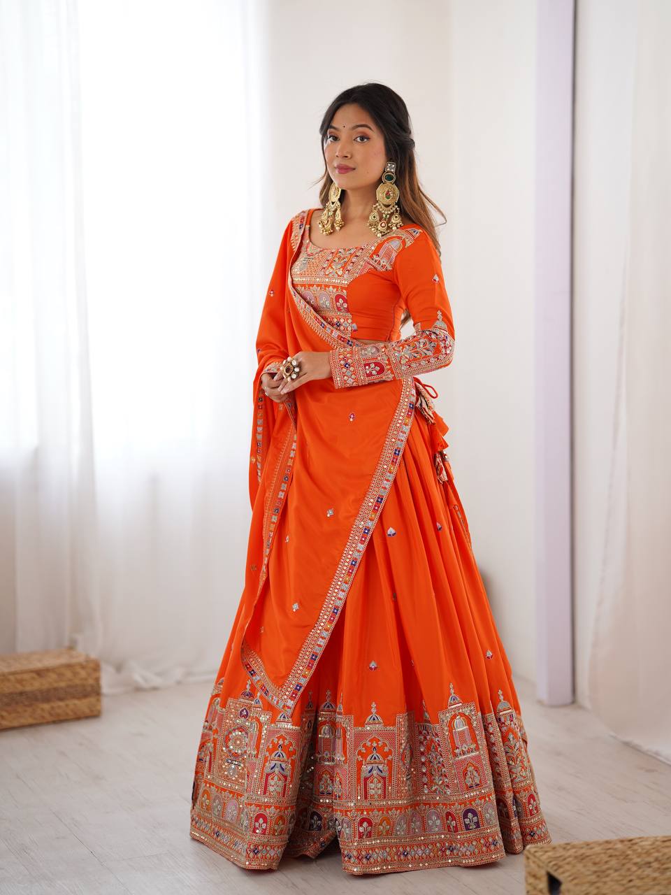 Orange Color Heavy Thread with Sequins Work  Designer Lehenga Choli