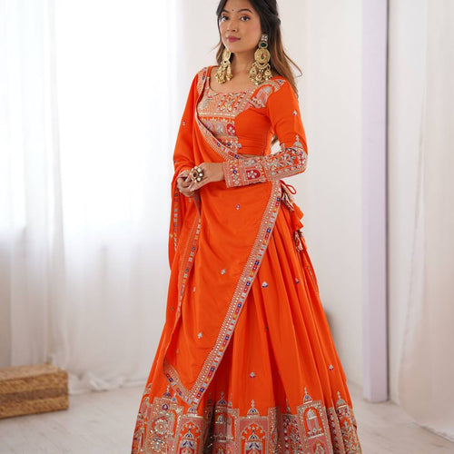Orange Color Heavy Thread with Sequins Work  Designer Lehenga Choli