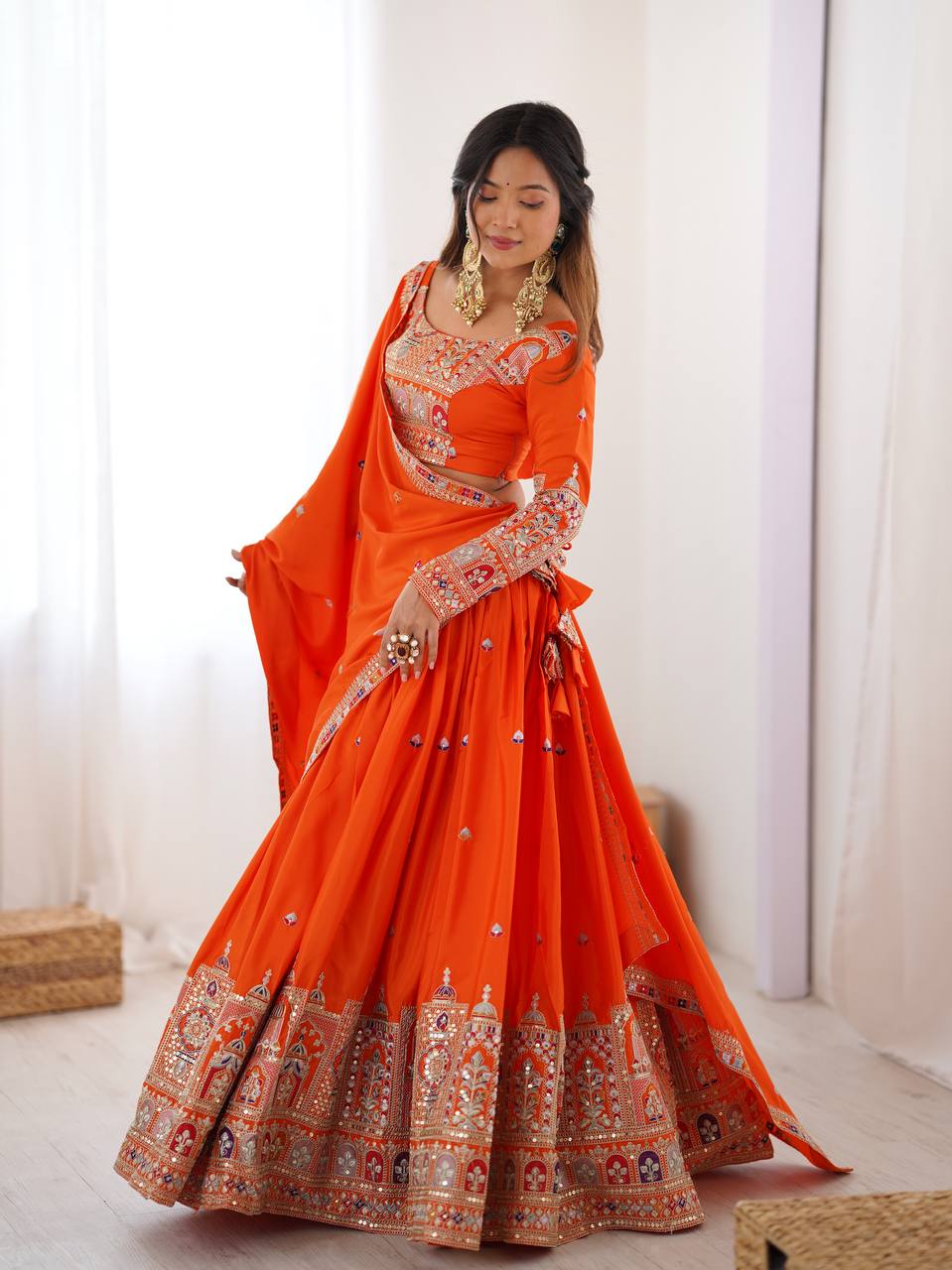 Orange Color Heavy Thread with Sequins Work  Designer Lehenga Choli