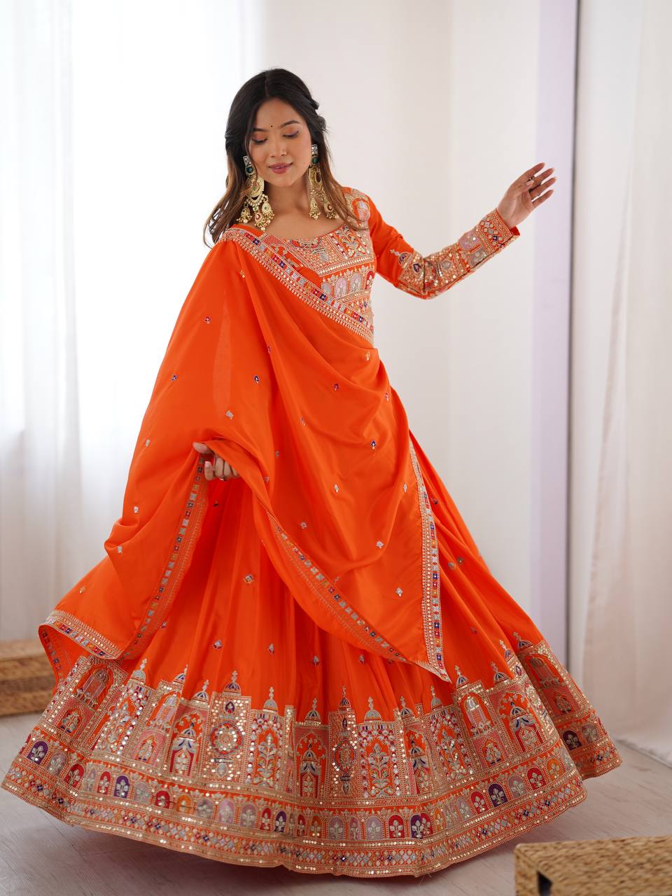 Orange Color Heavy Thread with Sequins Work  Designer Lehenga Choli