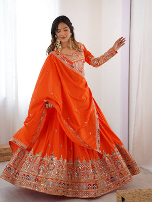 Orange Color Heavy Thread with Sequins Work  Designer Lehenga Choli