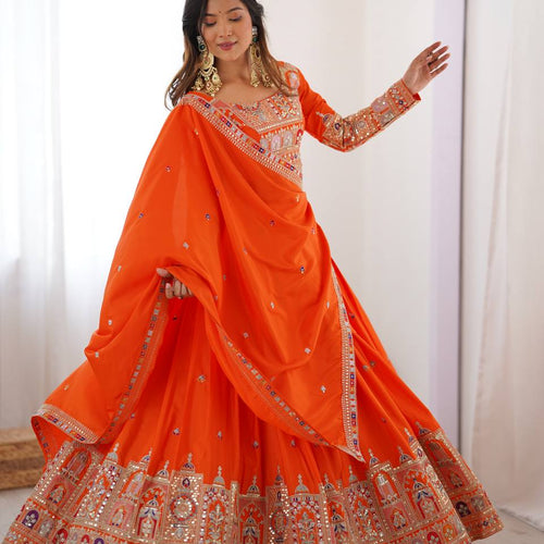 Orange Color Heavy Thread with Sequins Work  Designer Lehenga Choli