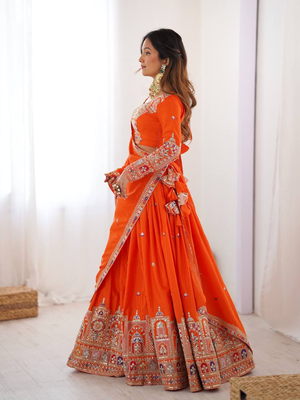 Orange Color Heavy Thread with Sequins Work  Designer Lehenga Choli