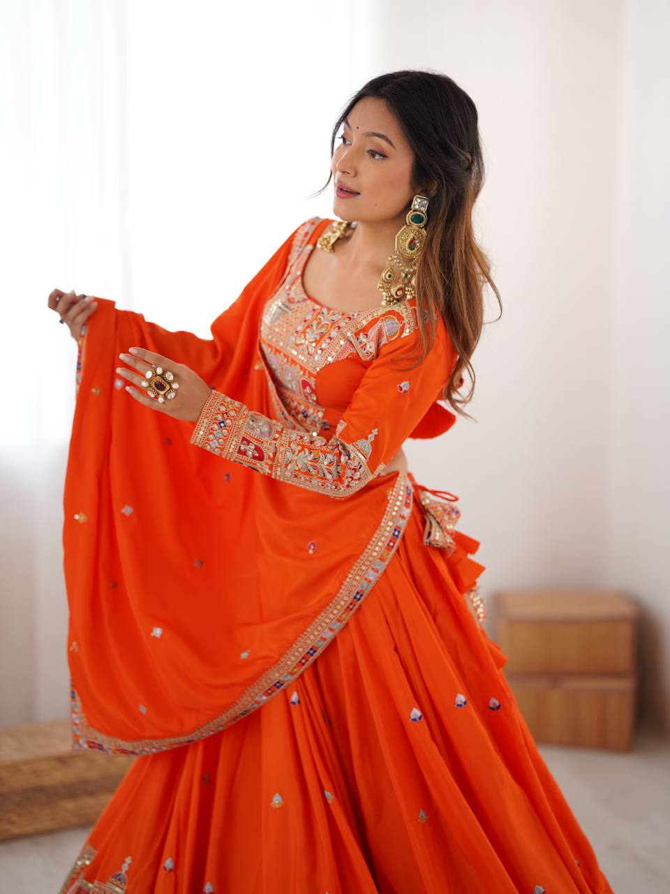 Orange Color Heavy Thread with Sequins Work  Designer Lehenga Choli