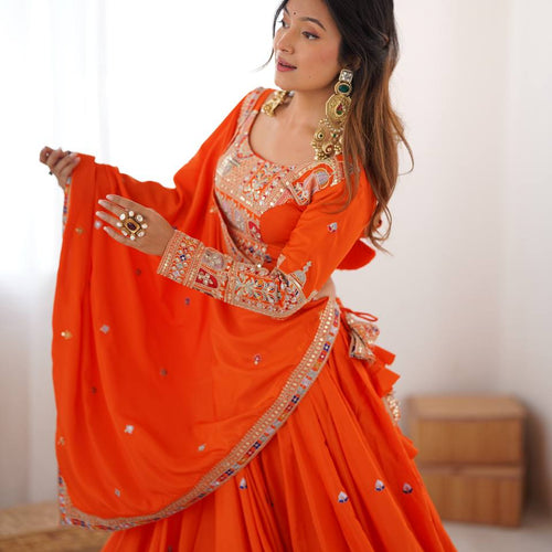 Orange Color Heavy Thread with Sequins Work  Designer Lehenga Choli