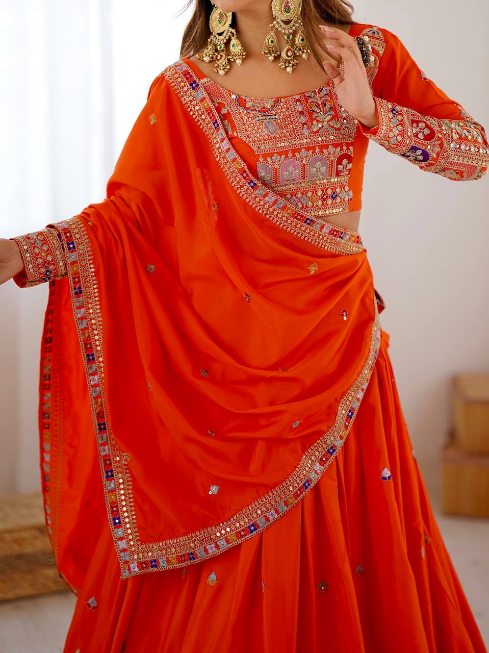 Orange Color Heavy Thread with Sequins Work  Designer Lehenga Choli