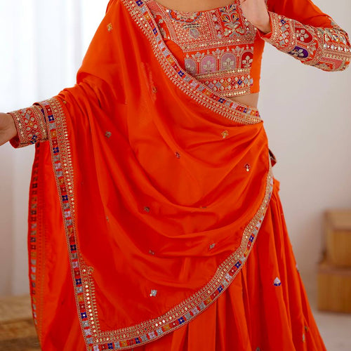 Orange Color Heavy Thread with Sequins Work  Designer Lehenga Choli