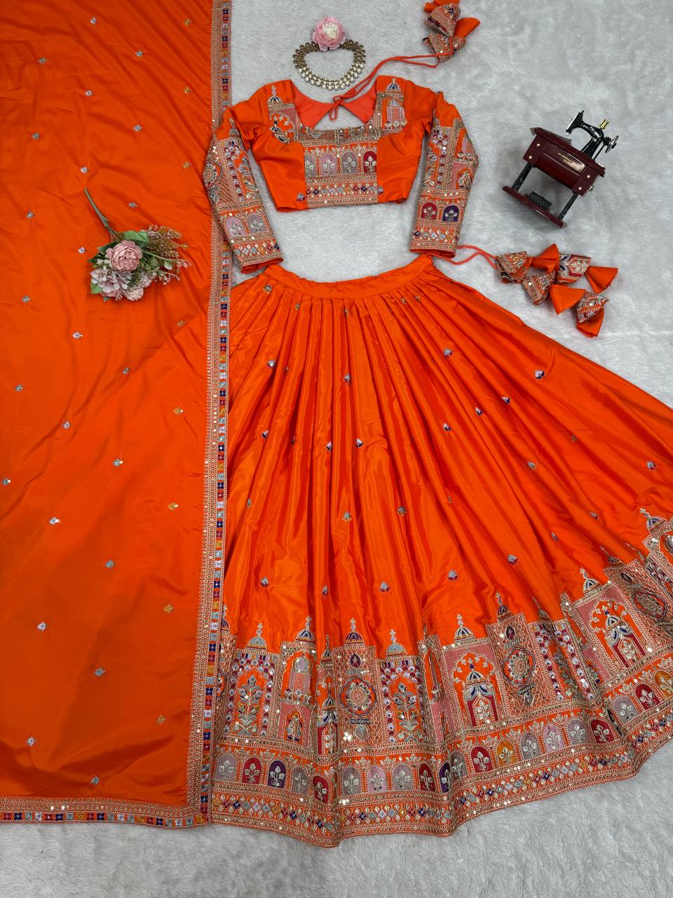 Orange Color Heavy Thread with Sequins Work  Designer Lehenga Choli