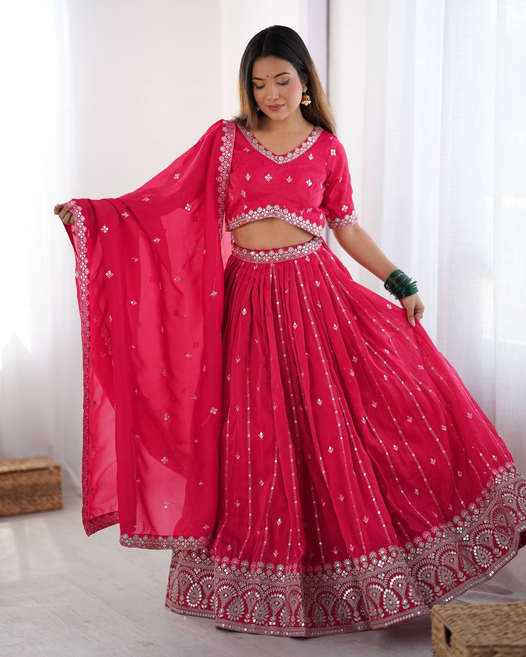 Pink Color Thread with Sequins Work  Designer Lehenga Choli