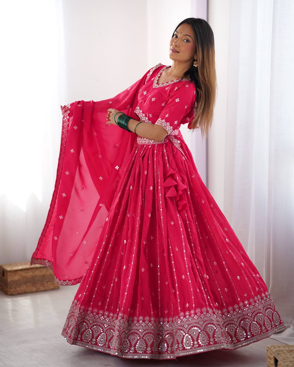 Pink Color Thread with Sequins Work  Designer Lehenga Choli