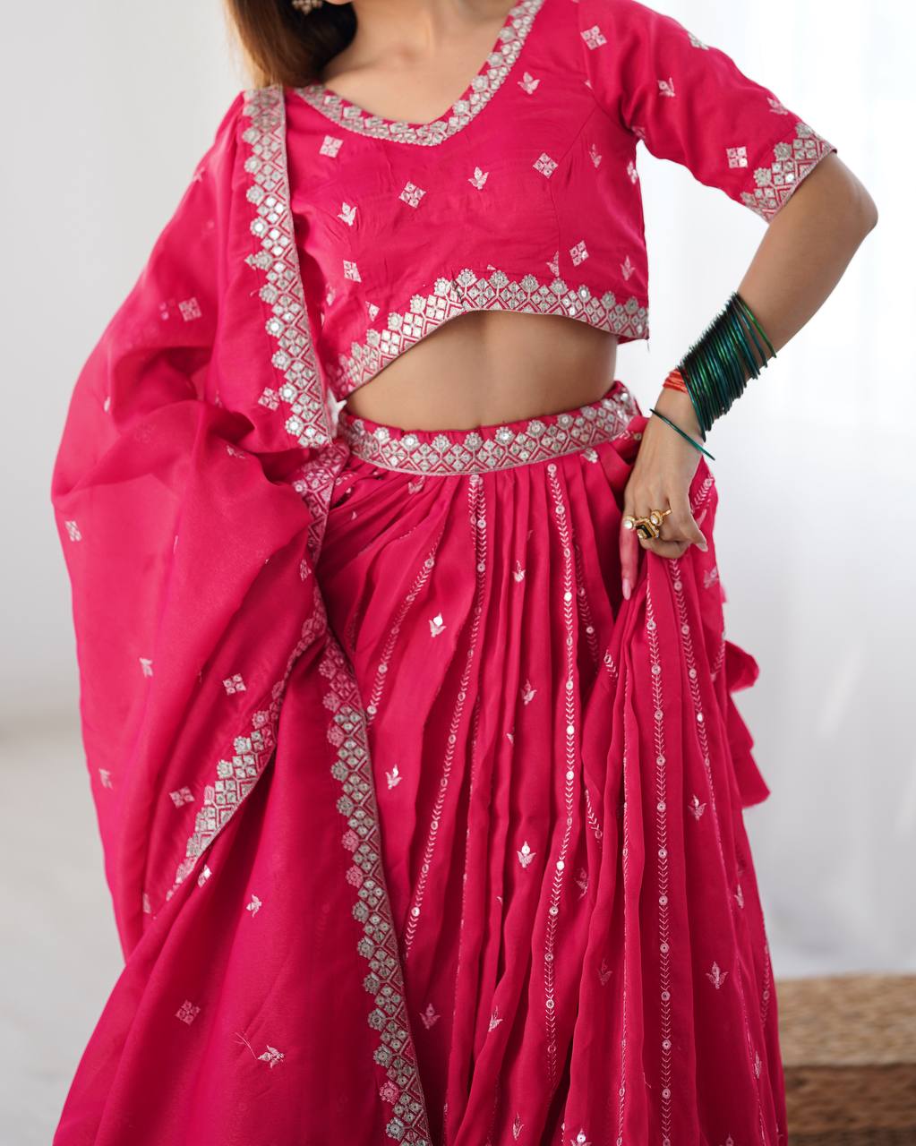 Pink Color Thread with Sequins Work  Designer Lehenga Choli