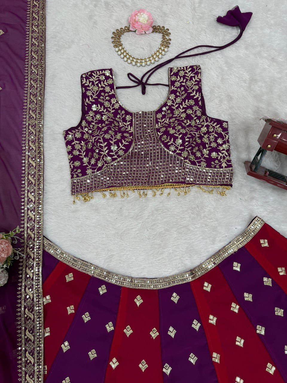 Red-Purple Color Thread with Sequins Work  Designer Lehenga Choli