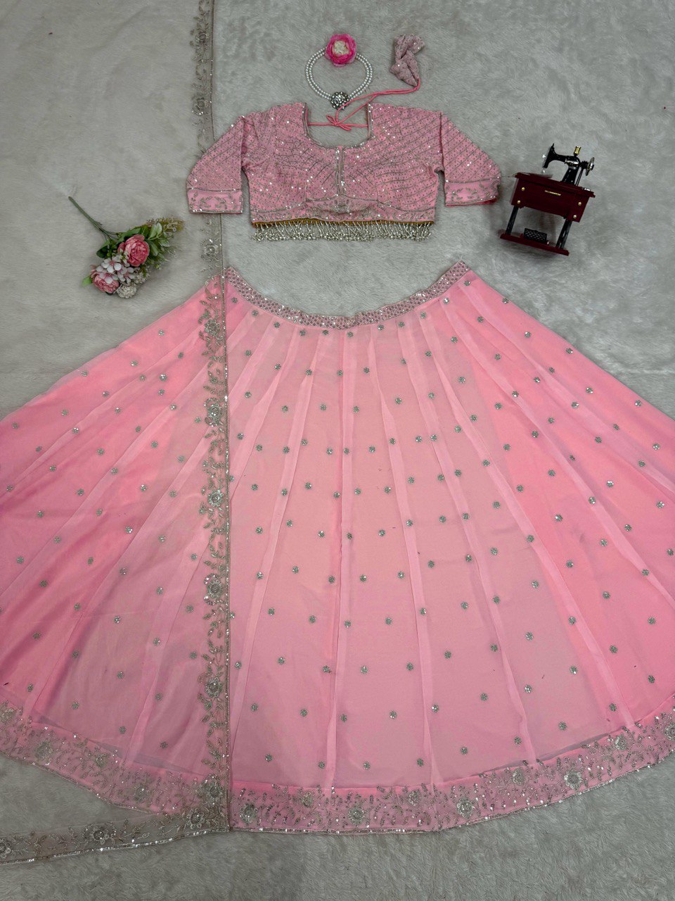 Baby Pink Color Heavy Thread with Sequins Work  Designer Lehenga Choli