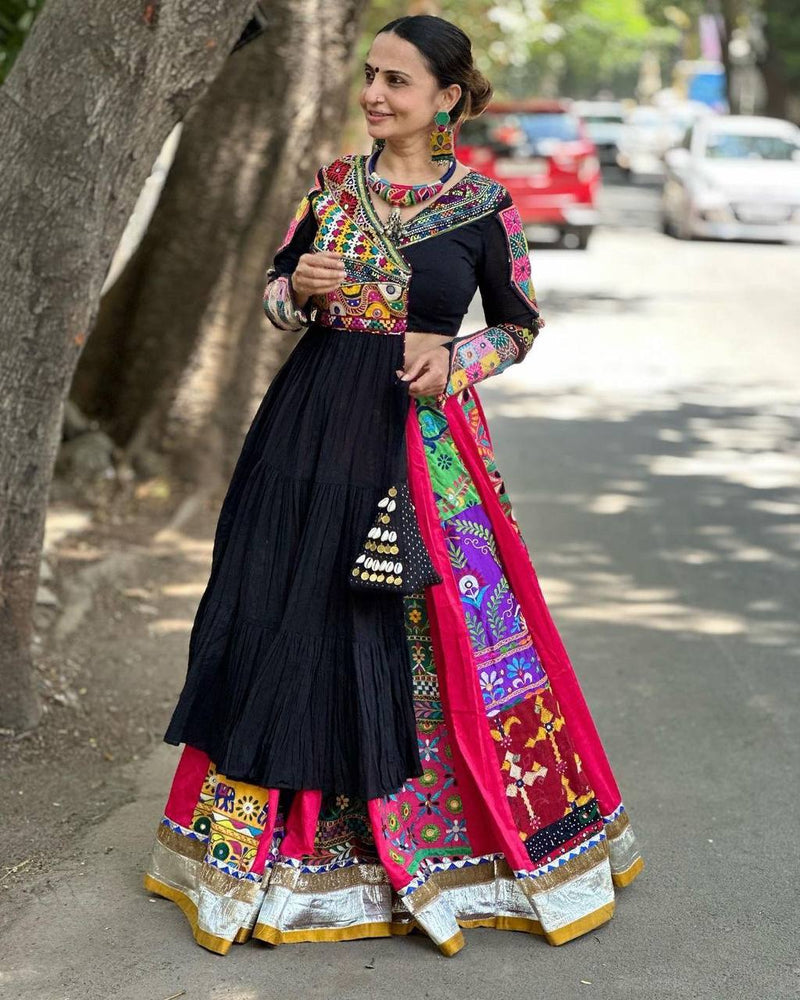 Black Color Digital Print with Mirror Work Designer Navratri Lehenga Top