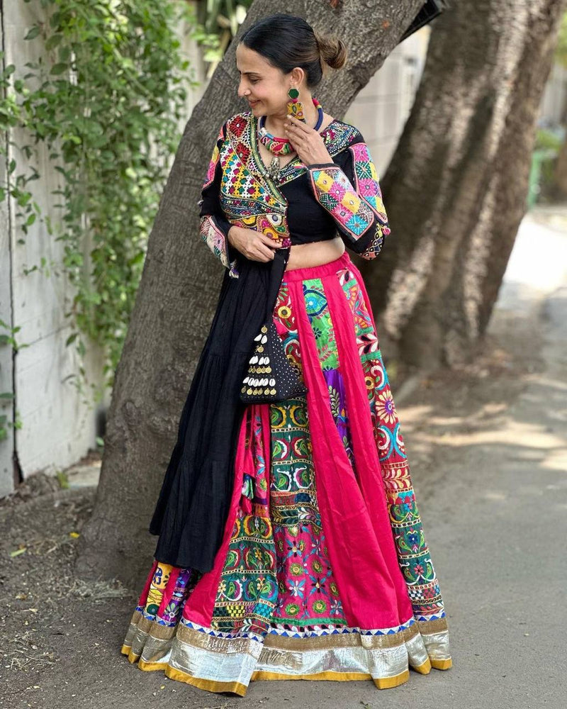 Black Color Digital Print with Mirror Work Designer Navratri Lehenga Top