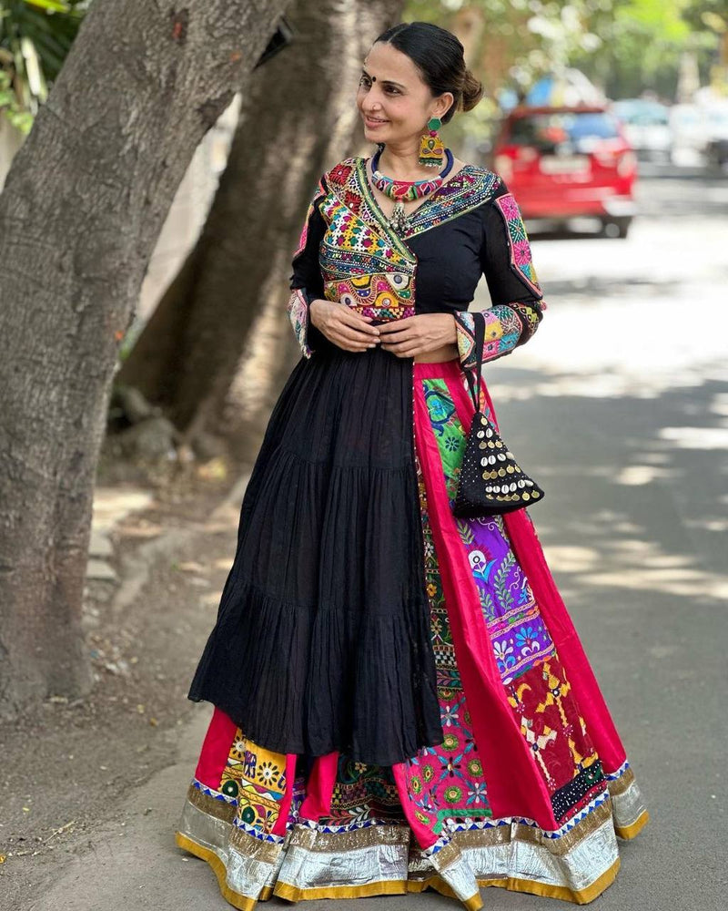 Black Color Digital Print with Mirror Work Designer Navratri Lehenga Top