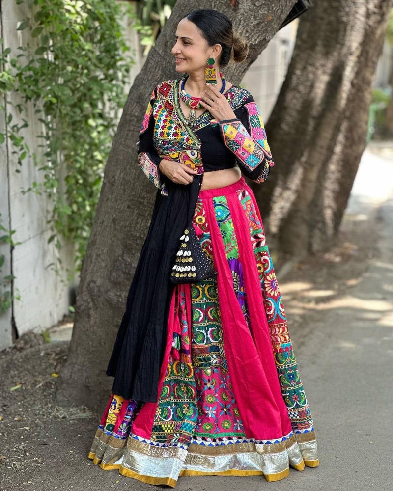Black Color Digital Print with Mirror Work Designer Navratri Lehenga Top