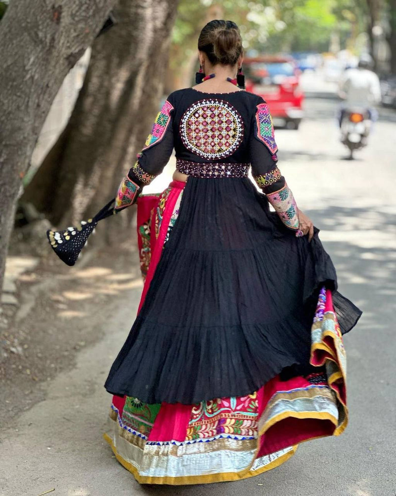 Black Color Digital Print with Mirror Work Designer Navratri Lehenga Top