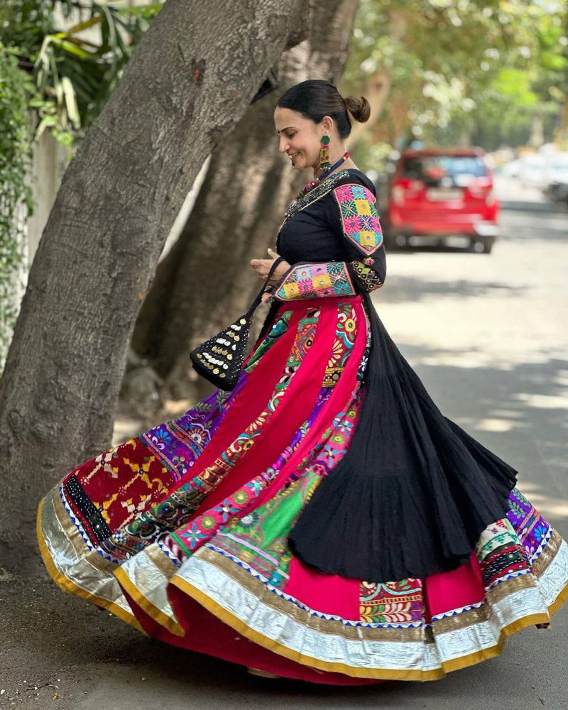 Black Color Digital Print with Mirror Work Designer Navratri Lehenga Top