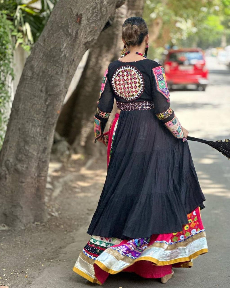 Black Color Digital Print with Mirror Work Designer Navratri Lehenga Top