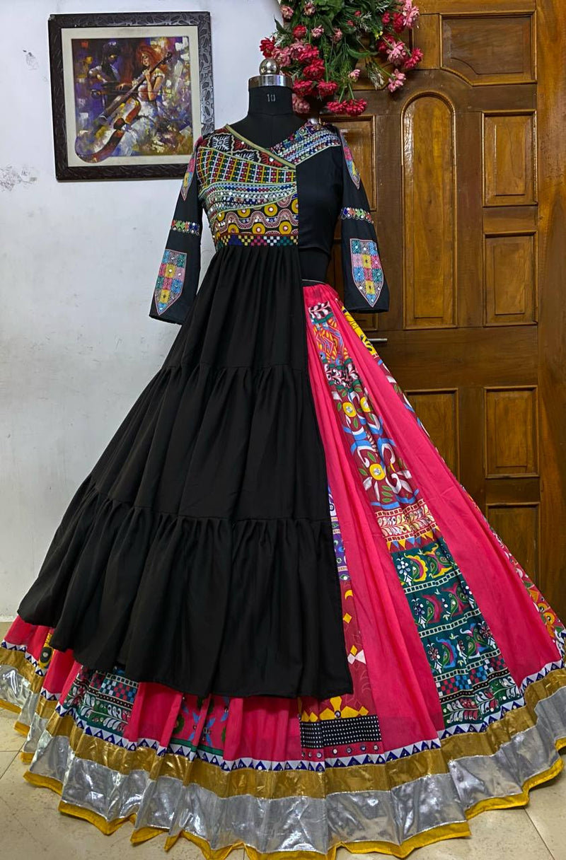 Black Color Digital Print with Mirror Work Designer Navratri Lehenga Top