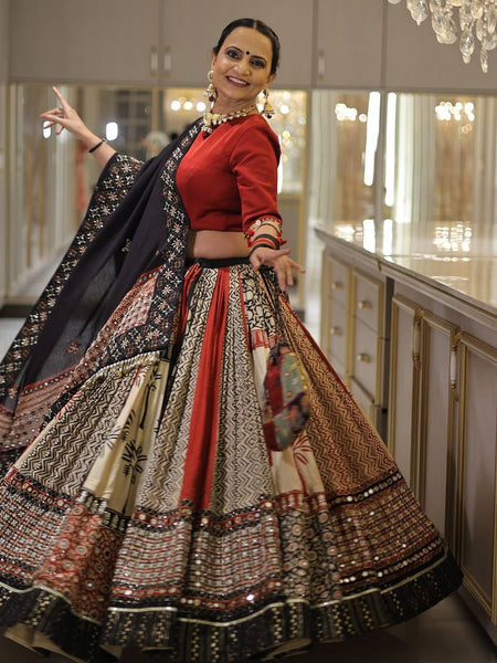 Black Color Digital Print with Mirror Work Designer Navratri Lehenga Choli