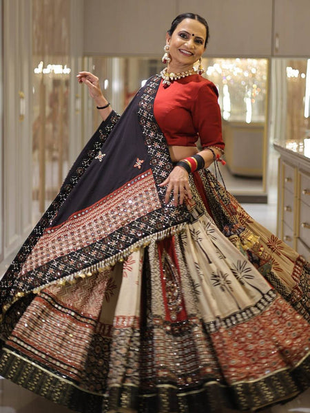 Black Color Digital Print with Mirror Work Designer Navratri Lehenga Choli
