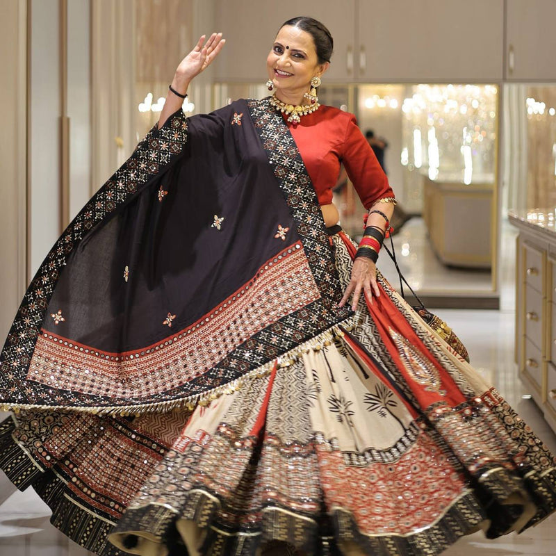 Black Color Digital Print with Mirror Work Designer Navratri Lehenga Choli