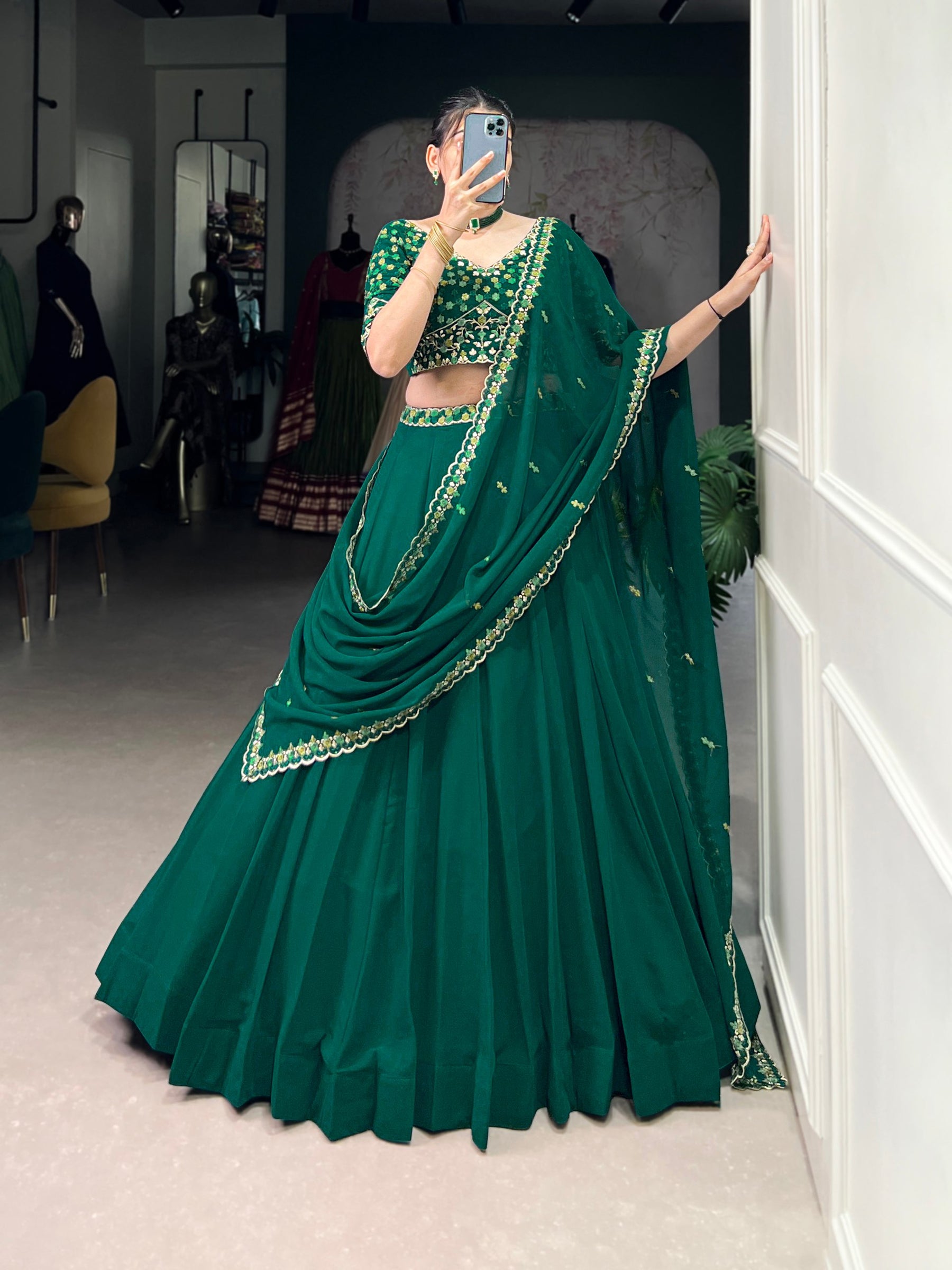 Green Color Thread Embroidery Work  Designer Lehenga Choli