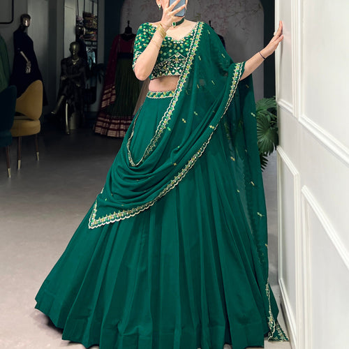 Green Color Thread Embroidery Work  Designer Lehenga Choli