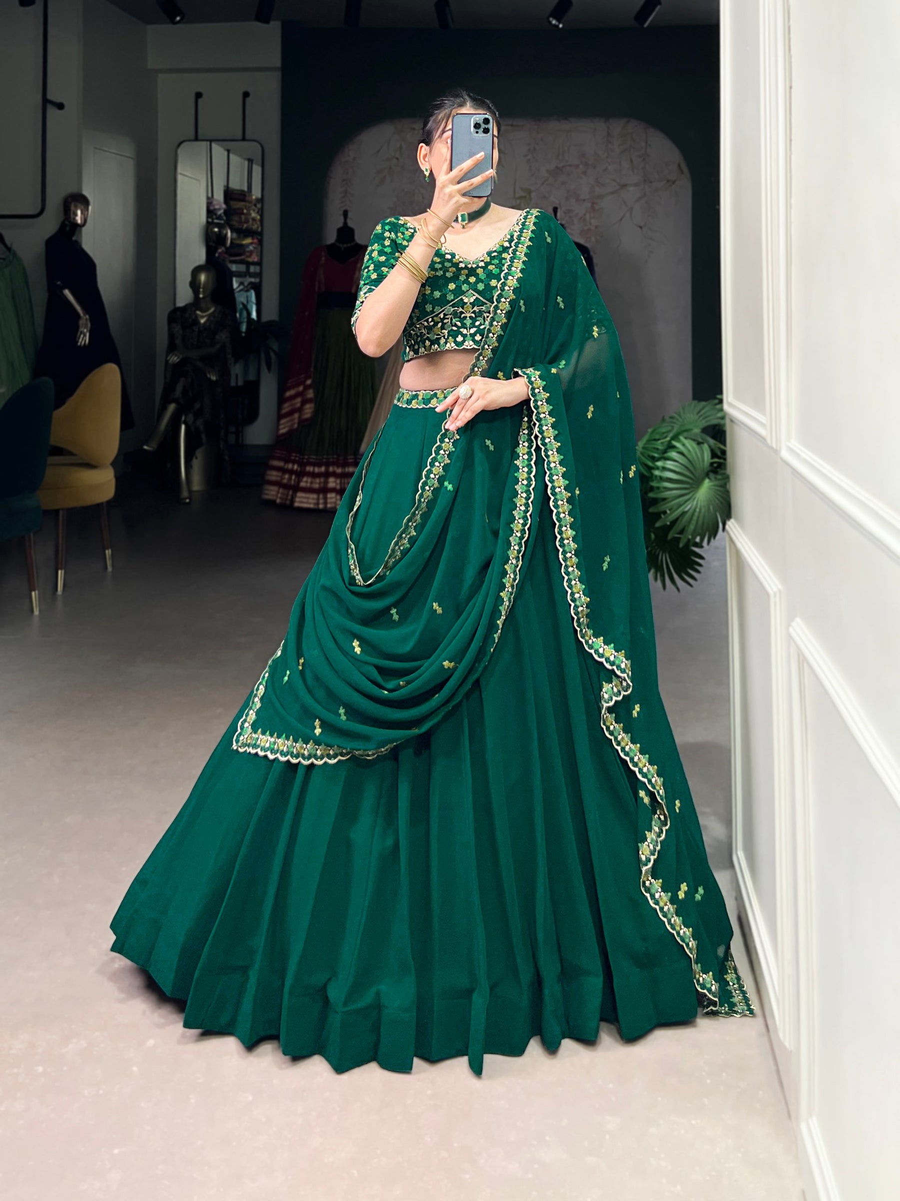 Green Color Thread Embroidery Work  Designer Lehenga Choli