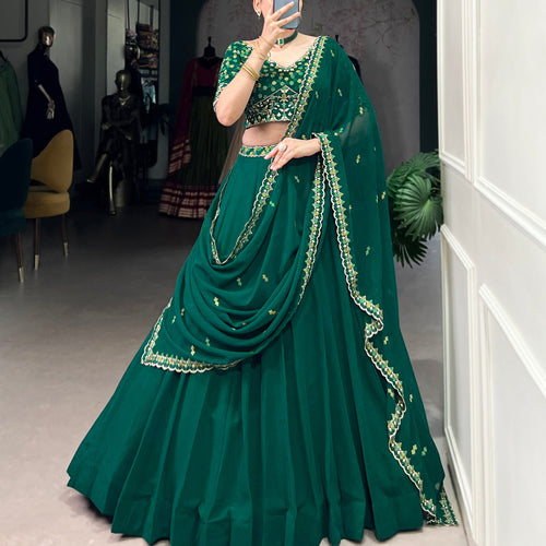 Green Color Thread Embroidery Work  Designer Lehenga Choli