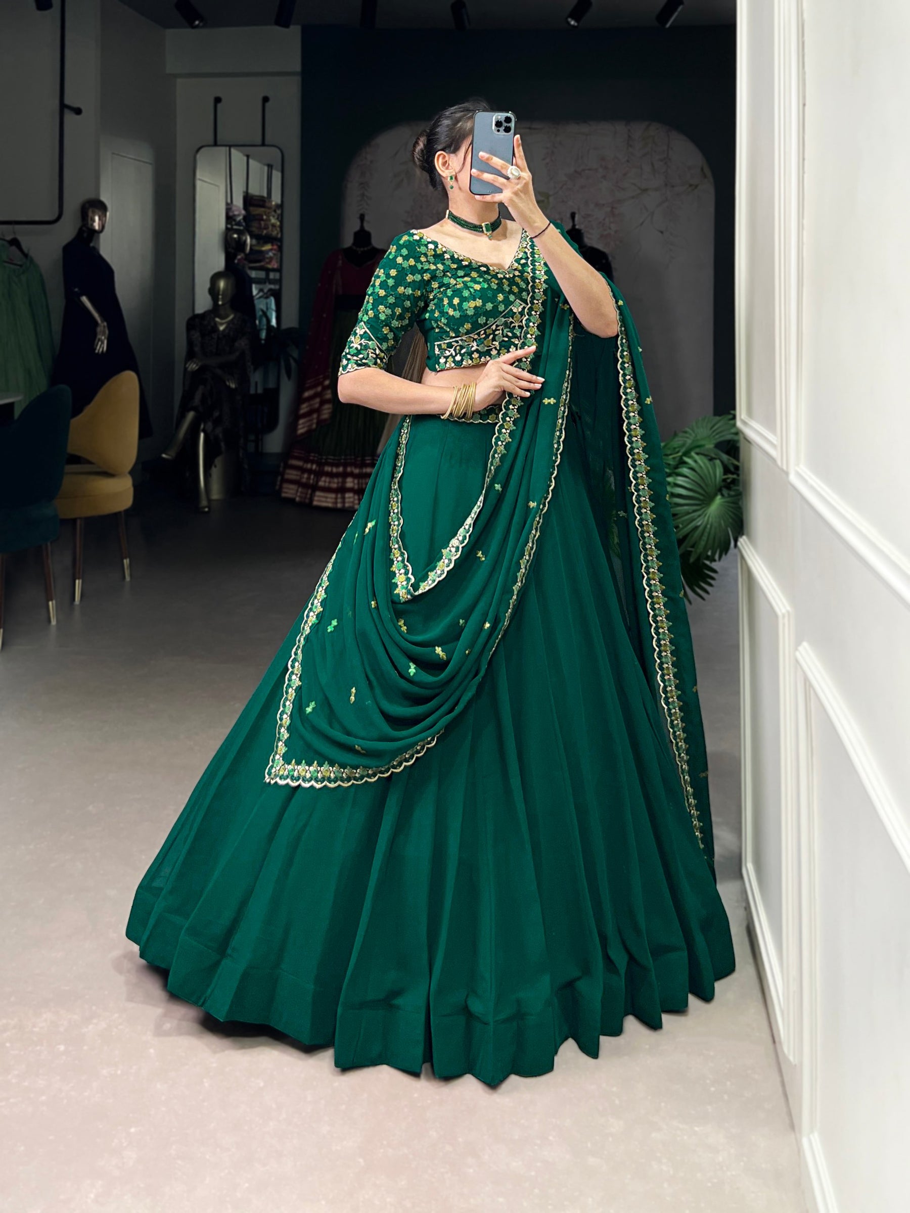 Green Color Thread Embroidery Work  Designer Lehenga Choli