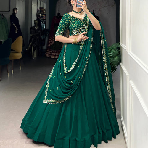 Green Color Thread Embroidery Work  Designer Lehenga Choli