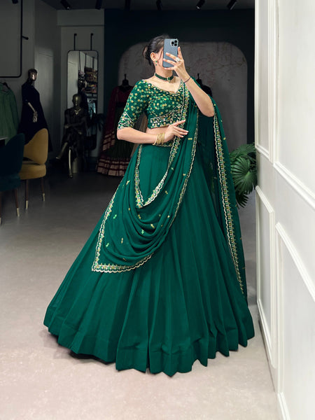 Green Color Thread Embroidery Work  Designer Lehenga Choli