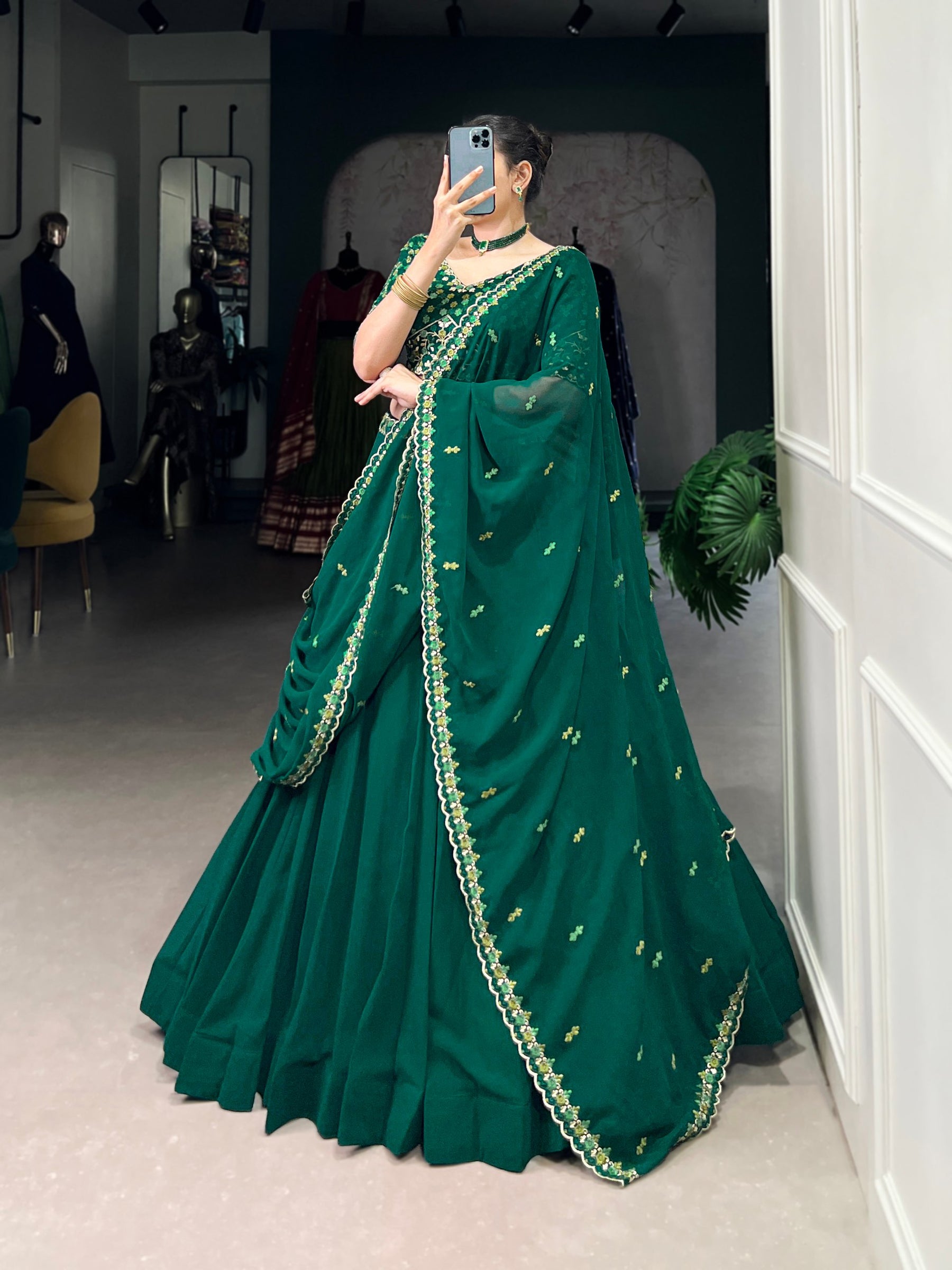 Green Color Thread Embroidery Work  Designer Lehenga Choli