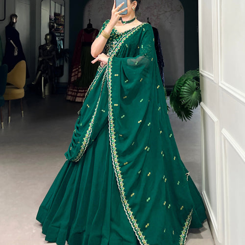 Green Color Thread Embroidery Work  Designer Lehenga Choli