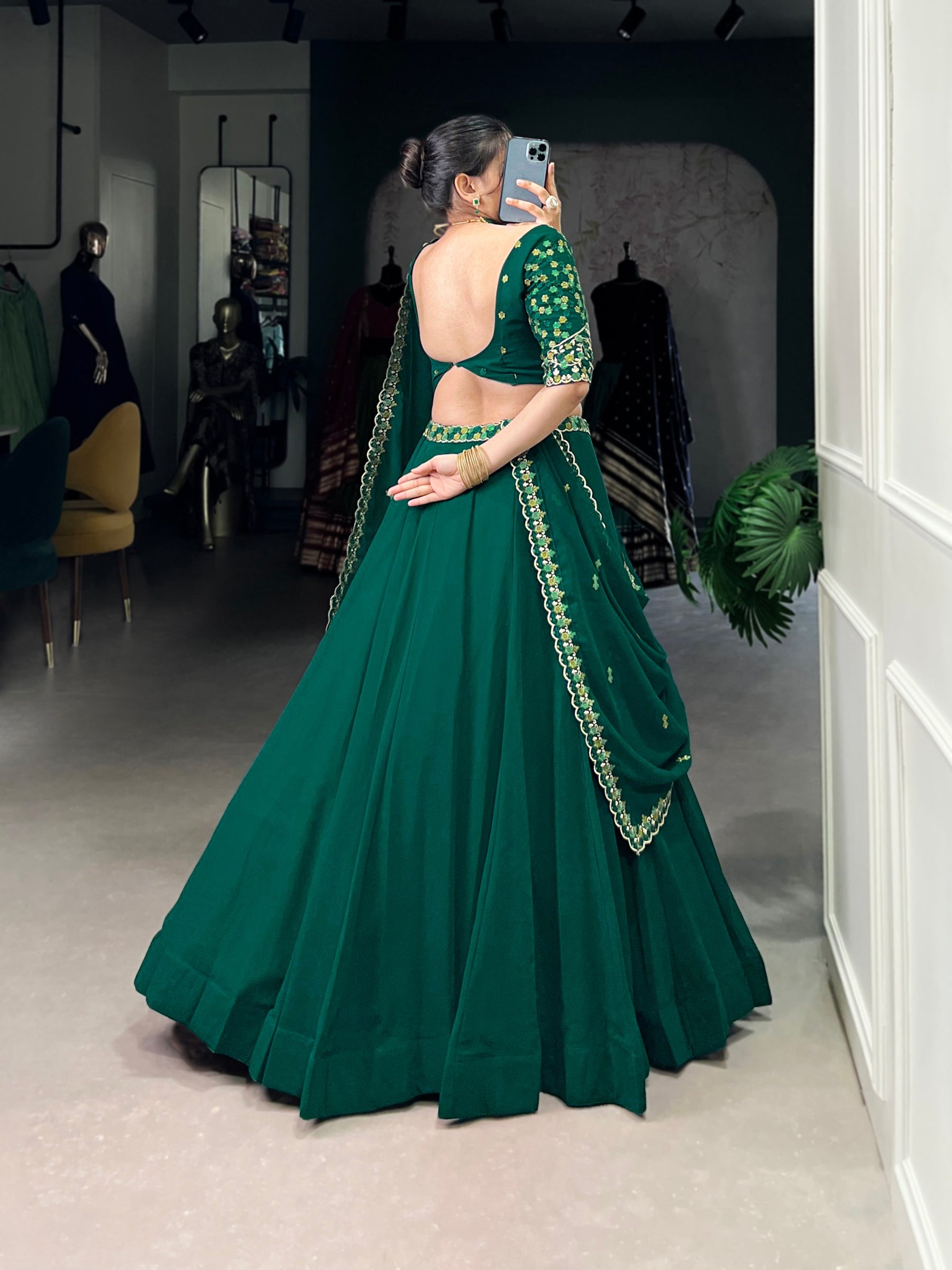 Green Color Thread Embroidery Work  Designer Lehenga Choli