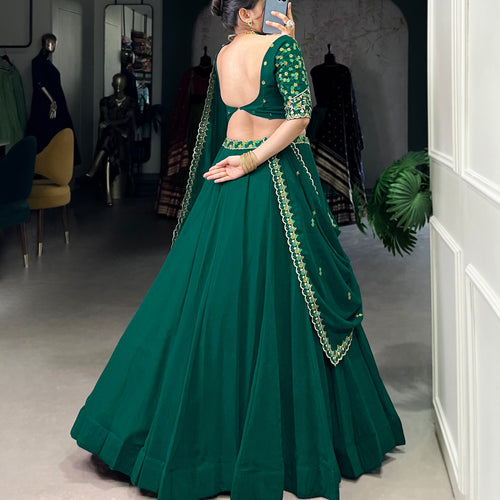 Green Color Thread Embroidery Work  Designer Lehenga Choli