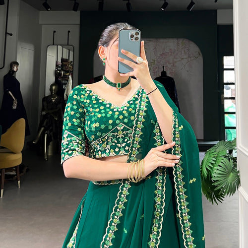 Green Color Thread Embroidery Work  Designer Lehenga Choli