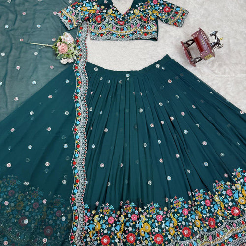 Teal Green Color Heavy Thread with Sequins Work  Designer Lehenga Choli