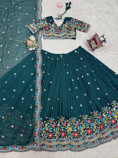 Teal Green Color Heavy Thread with Sequins Work  Designer Lehenga Choli