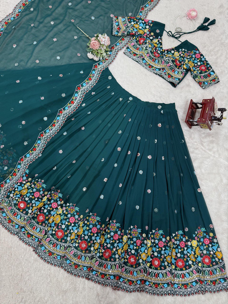Teal Green Color Heavy Thread with Sequins Work  Designer Lehenga Choli