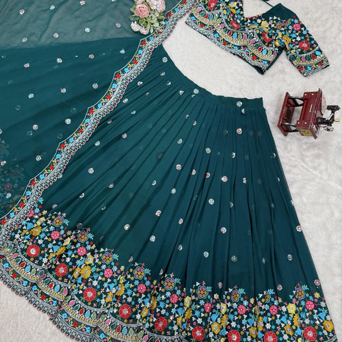 Teal Green Color Heavy Thread with Sequins Work  Designer Lehenga Choli