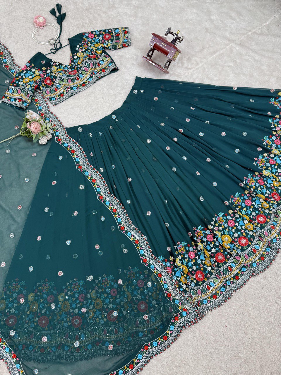 Teal Green Color Heavy Thread with Sequins Work  Designer Lehenga Choli