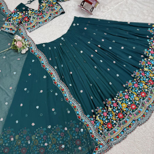 Teal Green Color Heavy Thread with Sequins Work  Designer Lehenga Choli