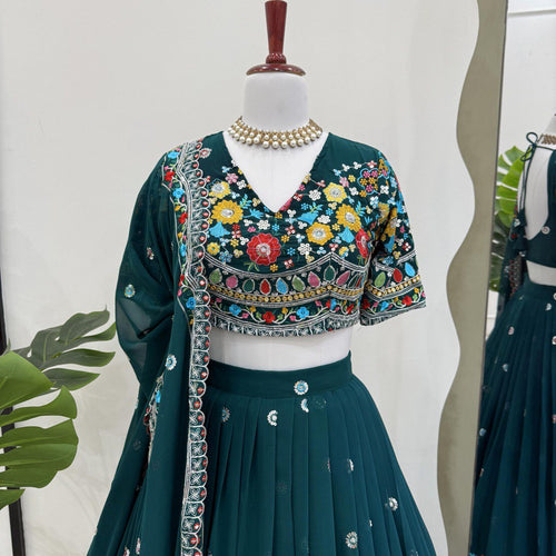 Teal Green Color Heavy Thread with Sequins Work  Designer Lehenga Choli