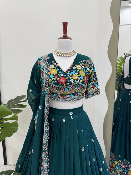 Teal Green Color Heavy Thread with Sequins Work  Designer Lehenga Choli