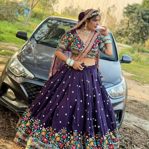 Purple Color Heavy Thread with Sequins Work  Designer Lehenga Choli