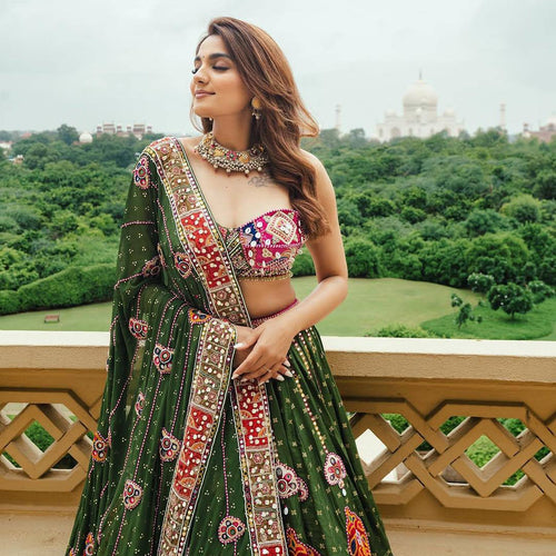 Green Color Digital Print with Mirror Work Designer Navratri Lehenga Choli